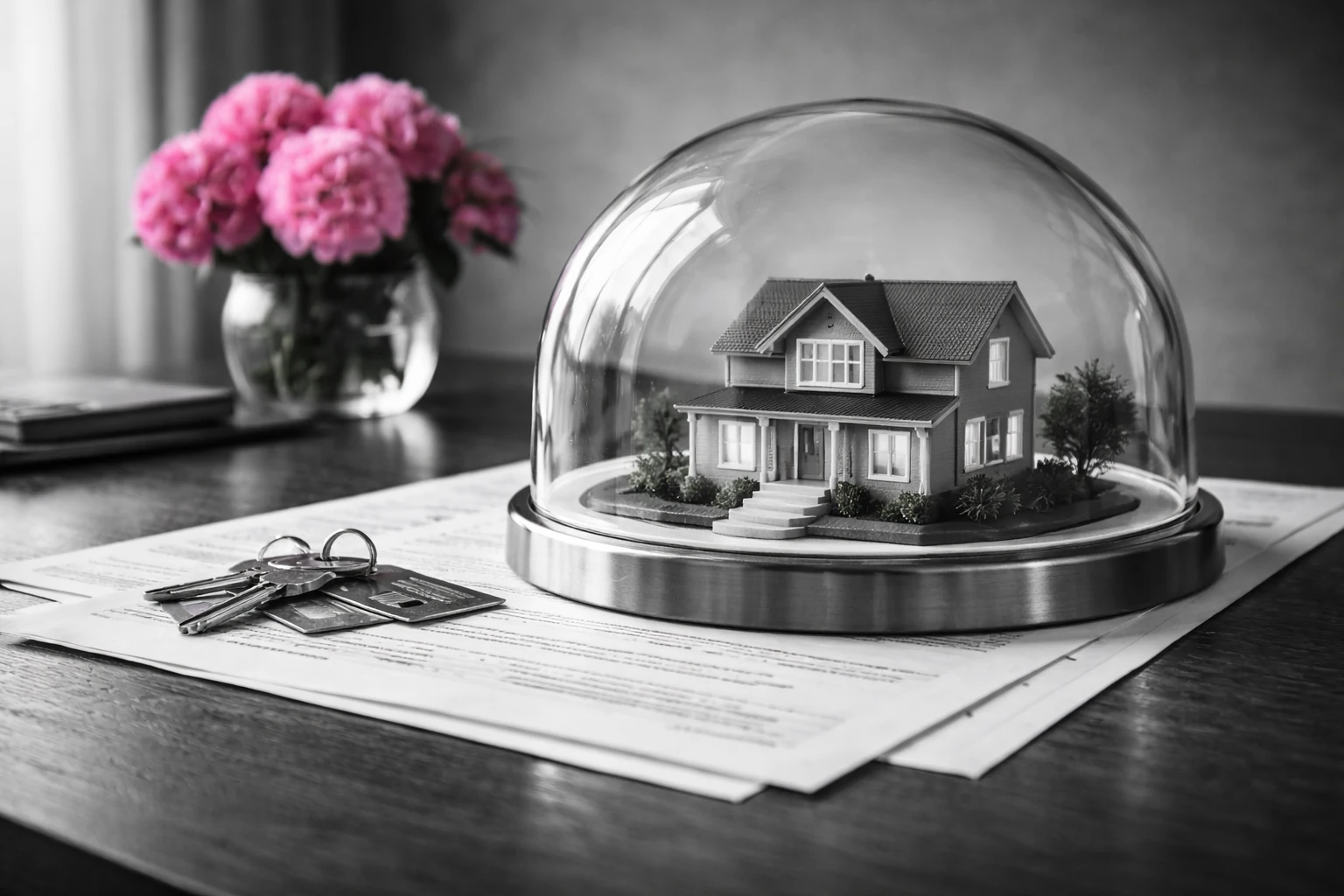 Maison miniature protégée par une cloche en verre, illustration de l’assurance emprunteur