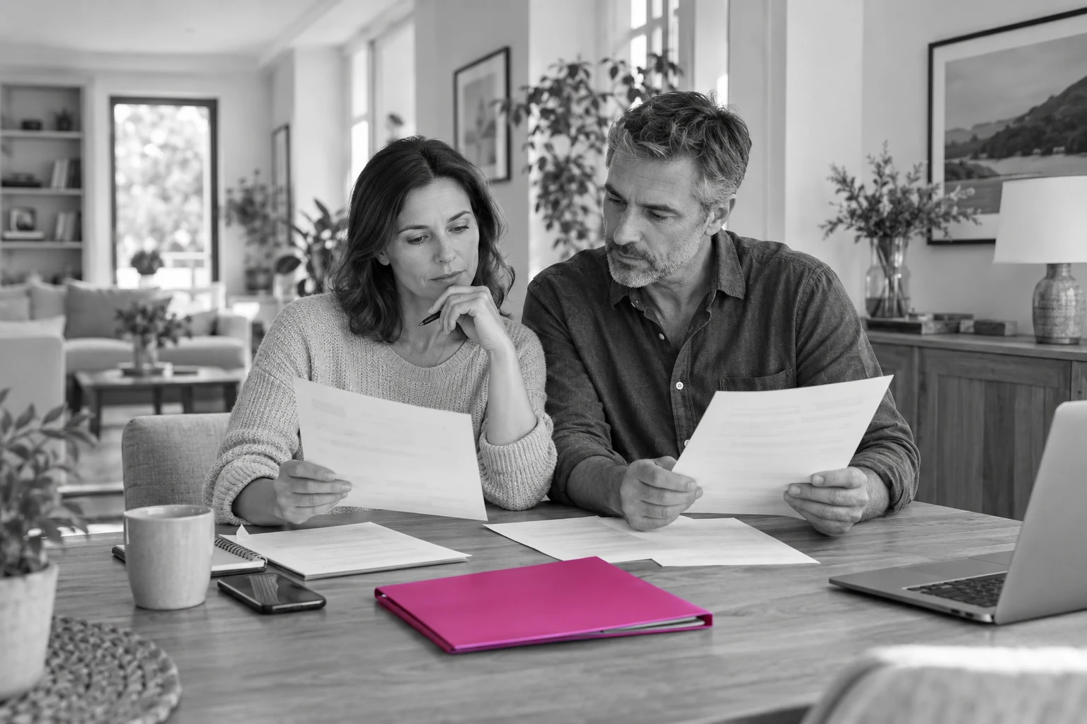 Couple comparant deux propositions avec un dossier fuchsia, illustration