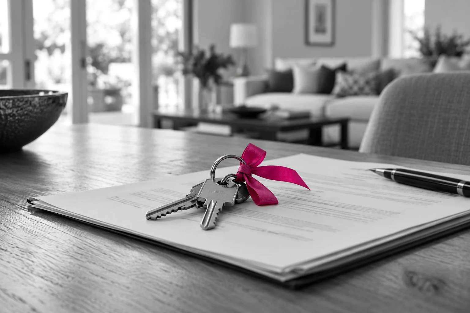 Clés de logement et ruban fuchsia sur des documents, illustration