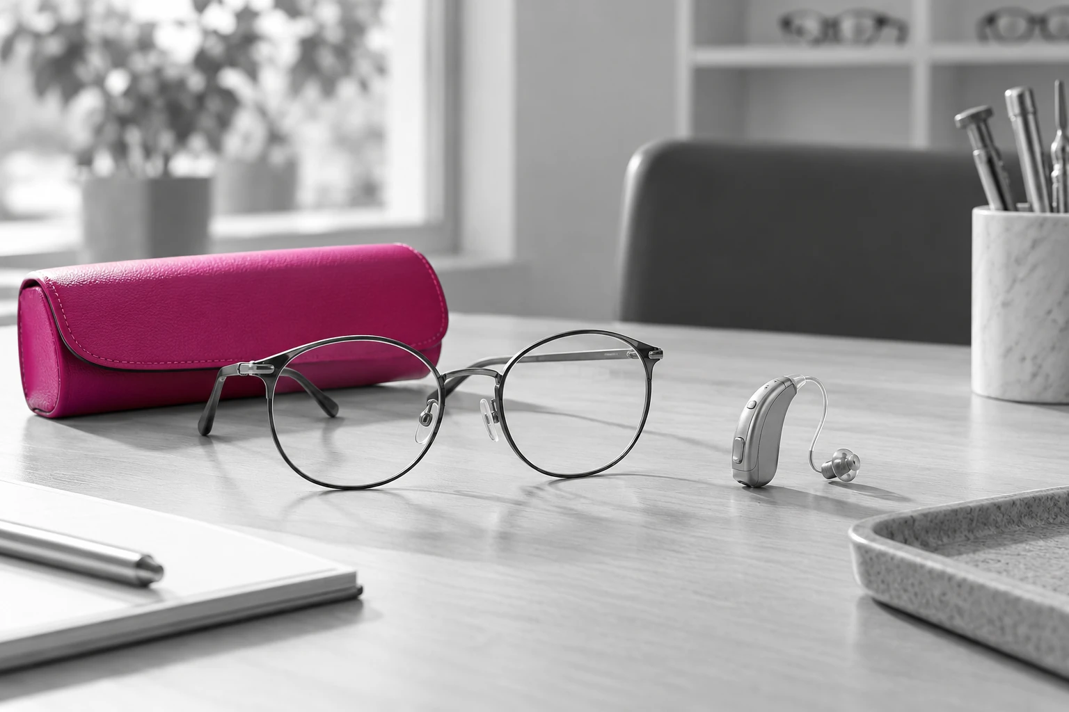 Lunettes et équipement auditif sur un bureau