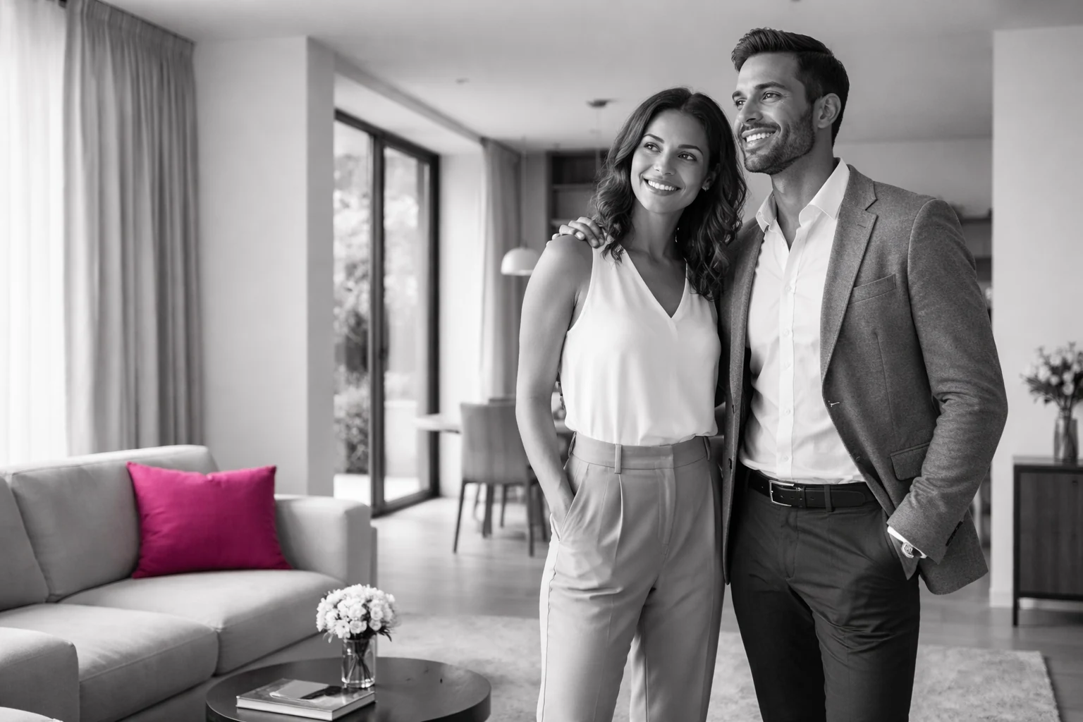Un couple souriant dans un salon contemporain