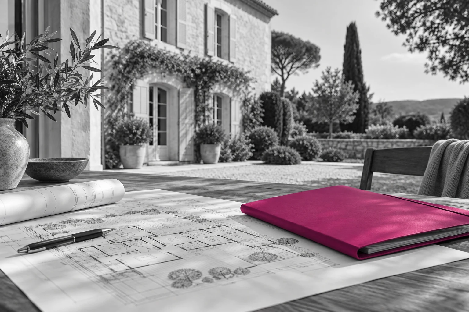 Plans de travaux et dossier fuchsia devant une maison