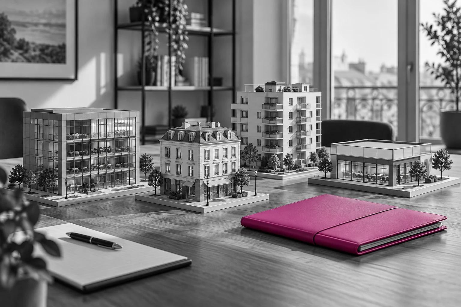 Maquettes de différents immeubles illustrant un patrimoine immobilier diversifié
