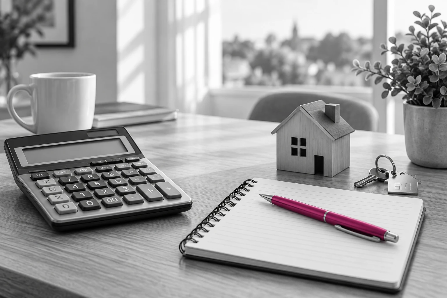 Calculatrice, carnet et clés pour estimer un budget immobilier