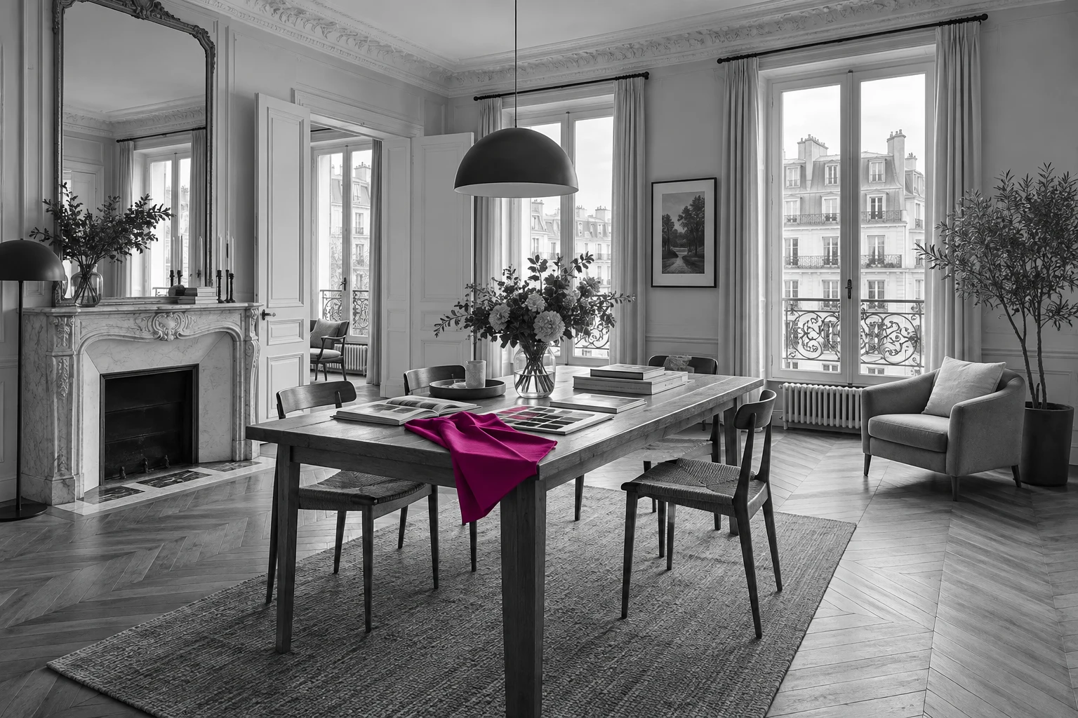 Appartement lumineux et échantillon de tissu fuchsia, illustration