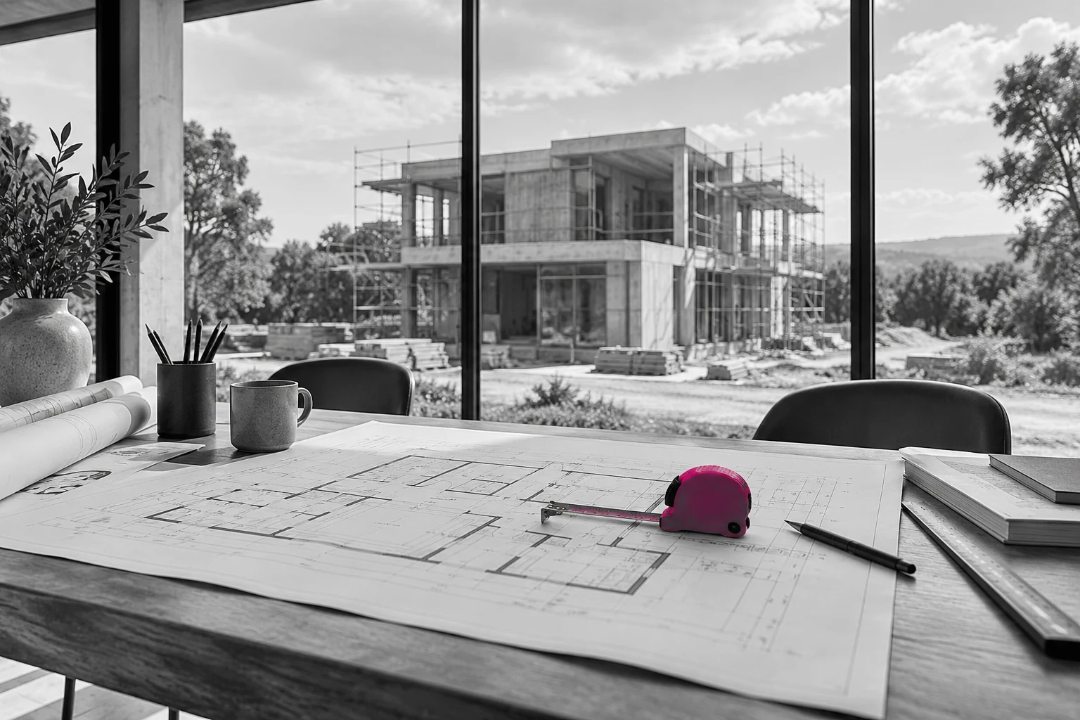 Plans et chantier d’une maison avec un mètre fuchsia, illustration