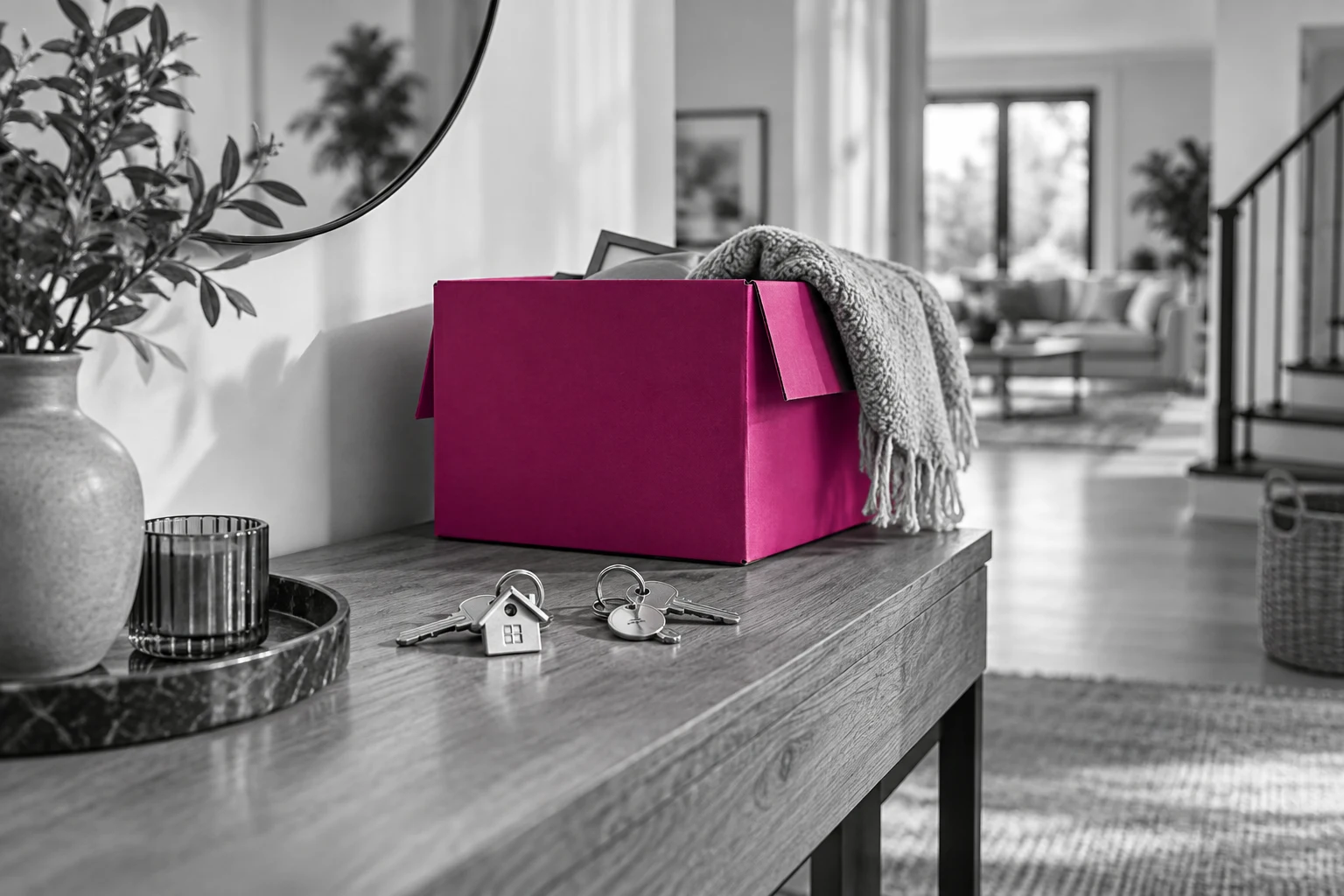 Deux jeux de clés et un carton de déménagement fuchsia, illustration