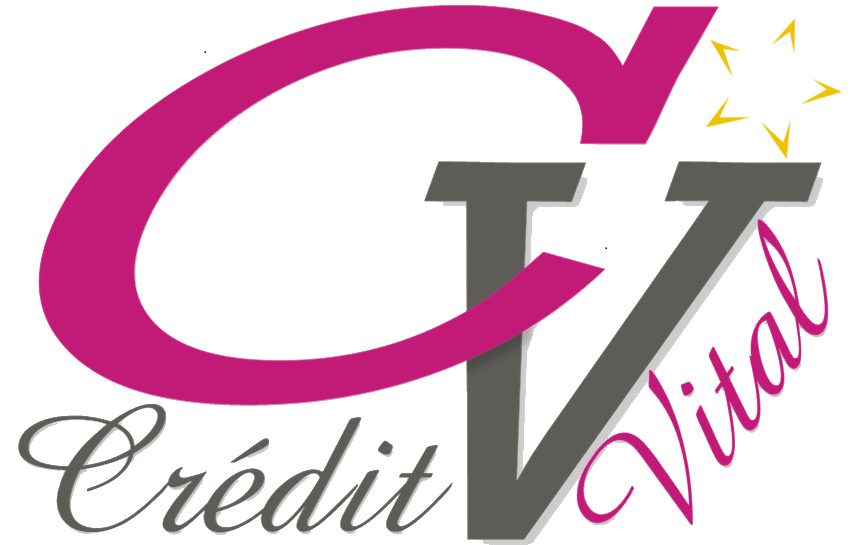 Ancien logo Crédit Vital : grandes initiales C fuchsia et V gris, avec une écriture manuscrite
