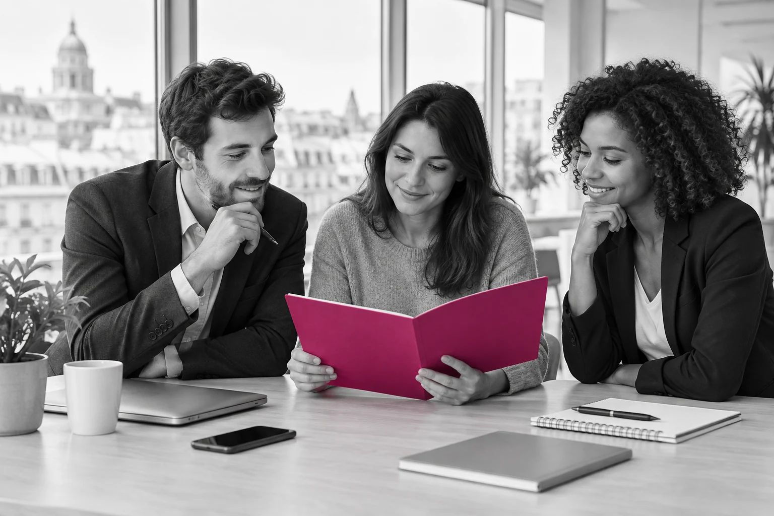 Trois collègues réunis autour d’un dossier fuchsia dans un bureau