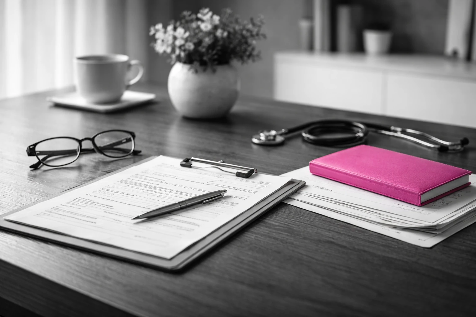 Documents de santé et lunettes sur un bureau, illustration de la mutuelle collective