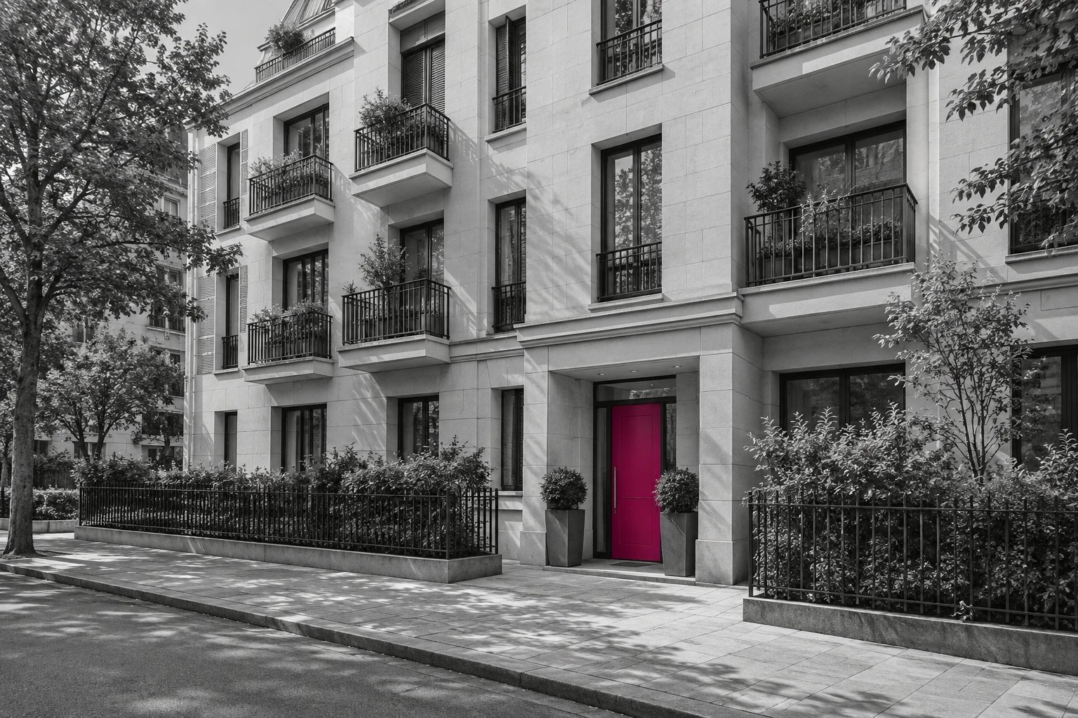 Immeuble résidentiel avec une porte fuchsia, illustration d’un investissement immobilier en SCI