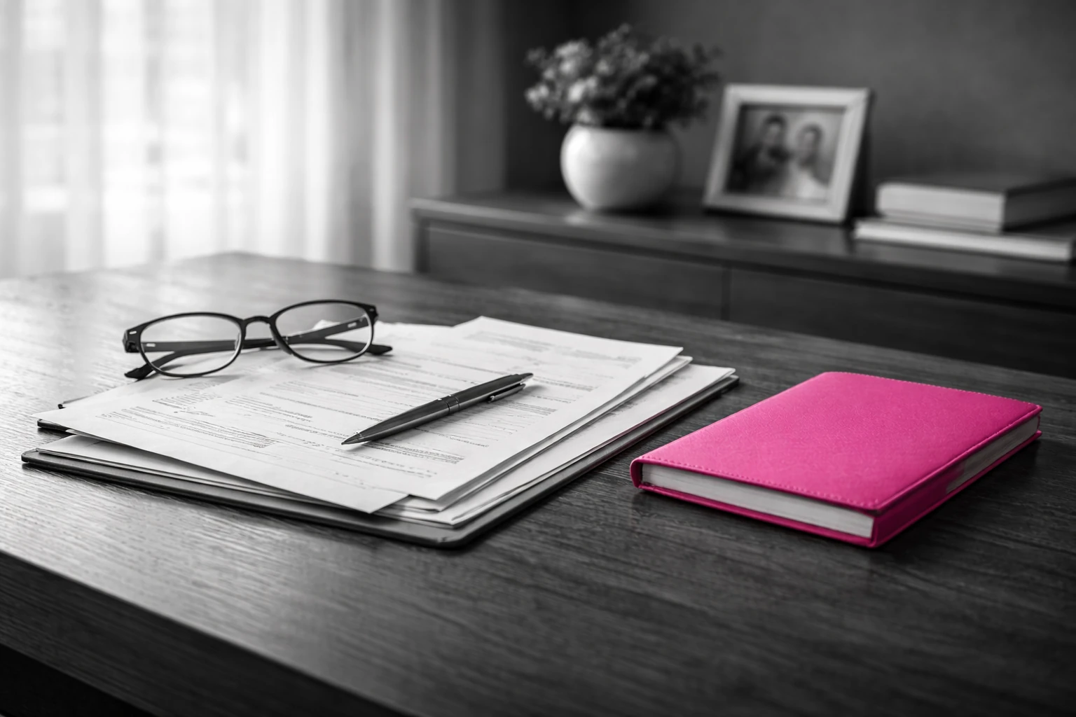 Dossier et lunettes disposés sur un bureau