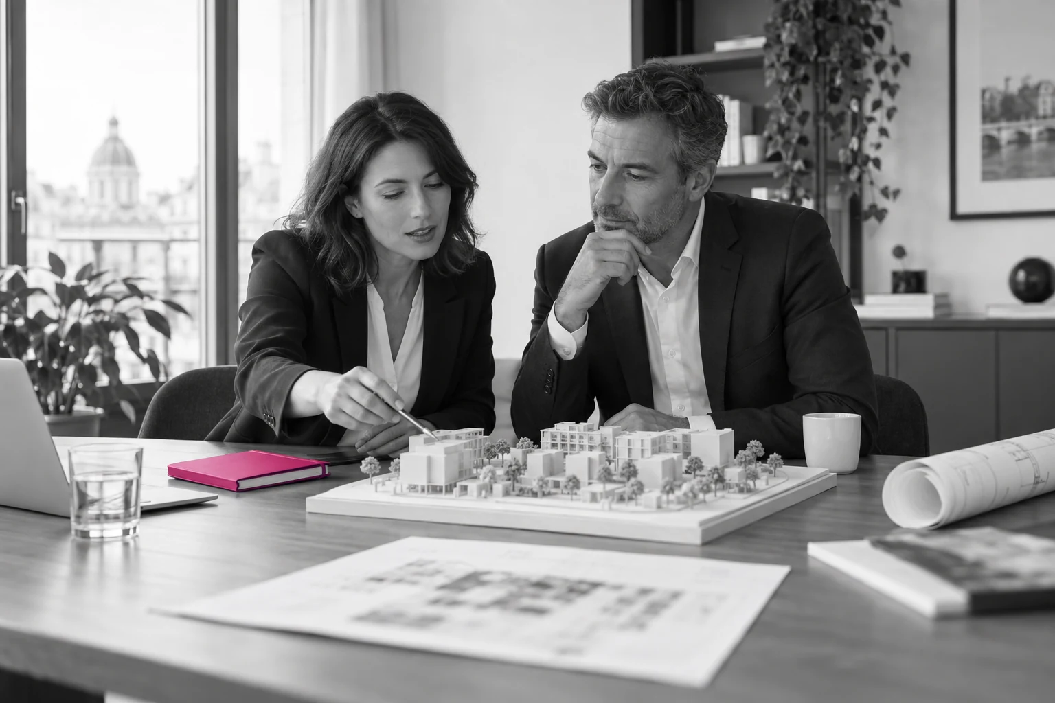 Deux associés examinant une maquette architecturale avec un carnet fuchsia