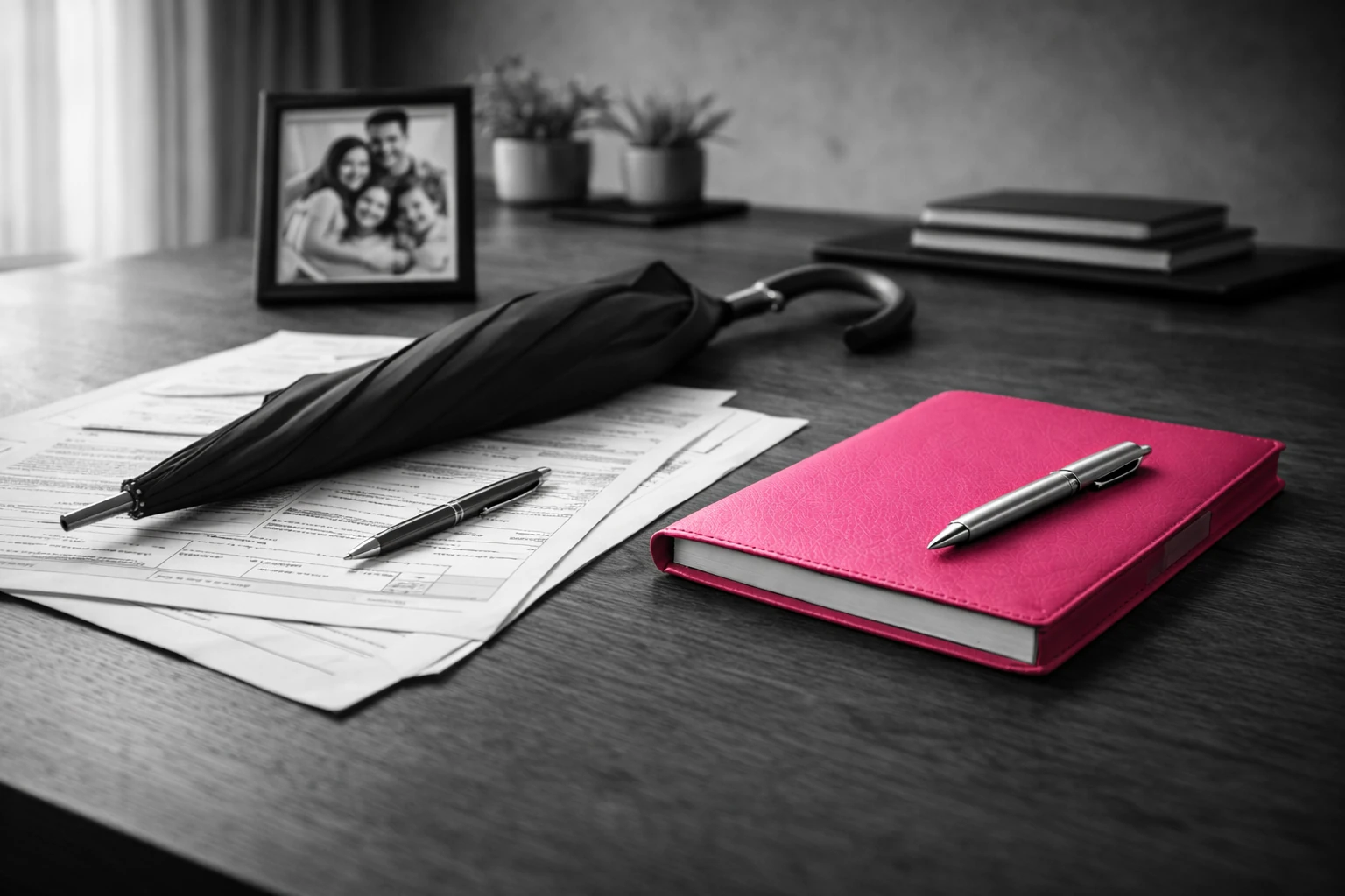 Photographie de famille et dossier sur un bureau, illustration de la prévoyance