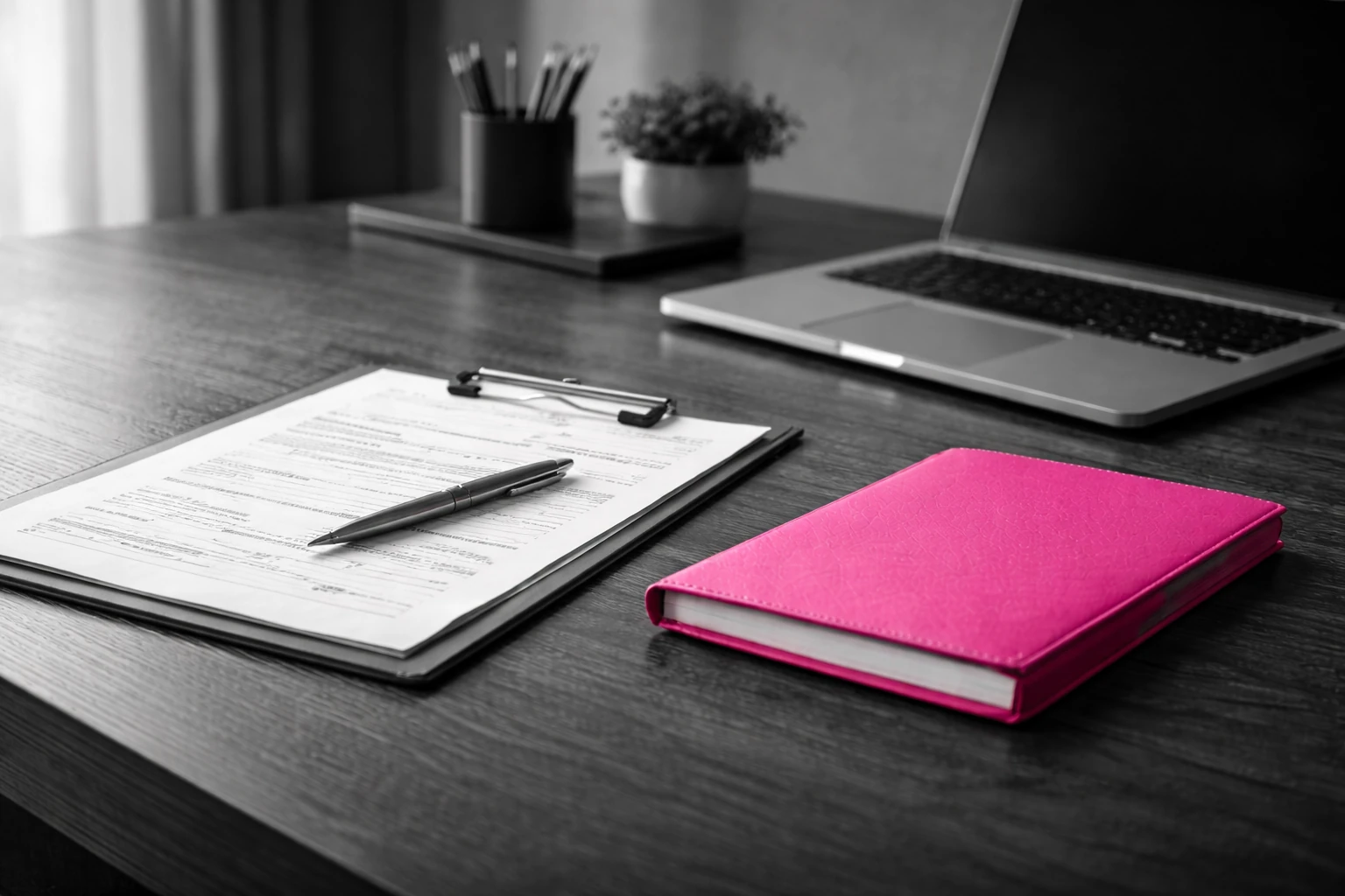 Contrat et dossier fuchsia sur un bureau, illustration de la responsabilité civile professionnelle