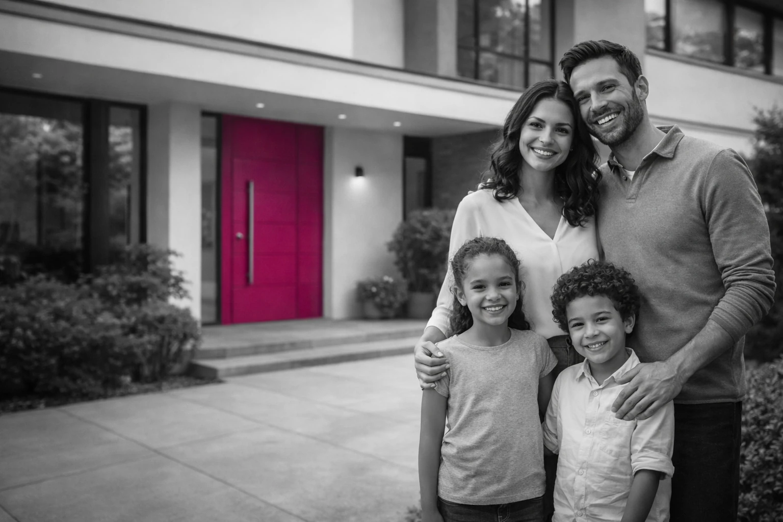 Famille devant une maison, scène d’illustration d’un projet de vie
